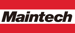 Maintech = Maintenance + Technology、ロゴは金属潤滑のモデル図で、赤の帯が金属表面の油剤、社名が個体潤滑剤を表しています。